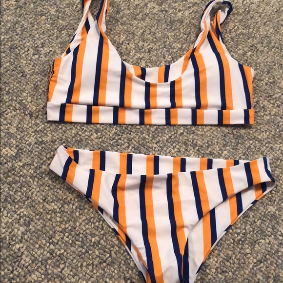 yellow and white striped bikini